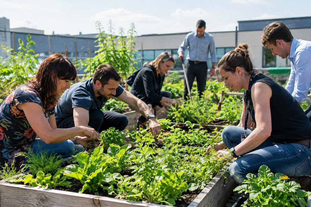 Entretien du potager lors d'un atelier de jardinage thérapeutique en entreprise au pays basque