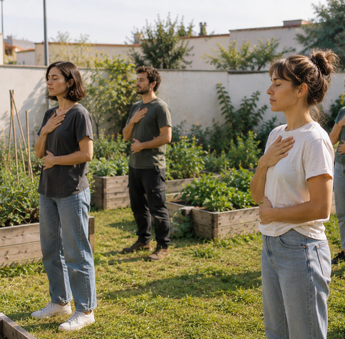Exercice de relaxation dans un jardin d'entreprise en permaculture au pays basque.